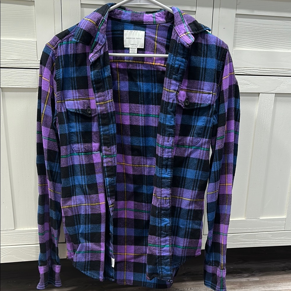 American Eagle Outfitters Purple and Blue Casual Button Down Shirt